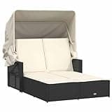 KMUNGDWG Patio Double Sun Lounger with Retractable Canopy, Adjustable Backrest, and Cushions, Black Poly Rattan