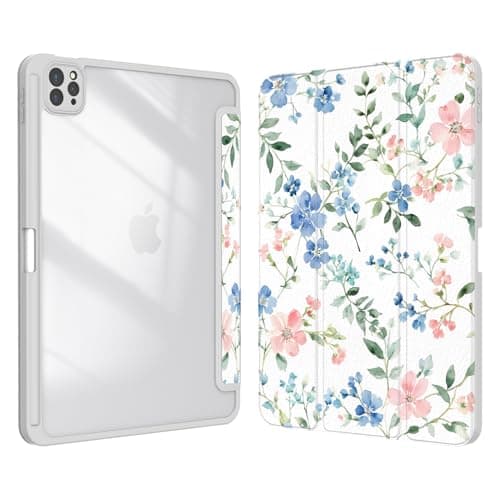 Xkladz Case for iPad pro 10.5 inch 2017/ iPad Air 3rd Generation 2019, Case with Pencil Holder, Clear Back Cover Cute Design for Women Girls, Auto Sleep/Wake, Blue Pink Flower