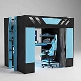 ORCPANIS Full Size Gaming Loft Bed, Wood Bunk Bed with Large Desk, Shelves, Blackout Curtains, Charging Port& RGB Light, Teen Boy Bedroom Furniture, Blue