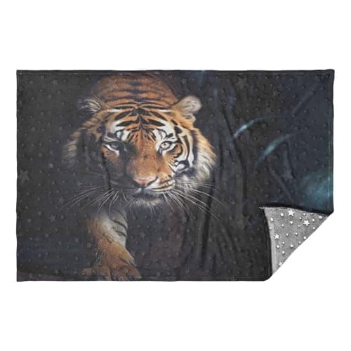 Jihqo Wild Tiger Black Travel Blanket Glowing in The Dark, Soft 2 in 1 Airplane Blanket 65" x 55", Foldable as Pillow, Luggage Sleeve & Backpack Clip