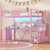 Itaar Stairway Twin Size Loft Bed with L Shaped Desk and Wardrobe, Metal Loft Bed Frame with Stairs, 3 Fabric Drawers, LED Lights & Charging Sation, No Noise & No Box Spring Needed, Pink
