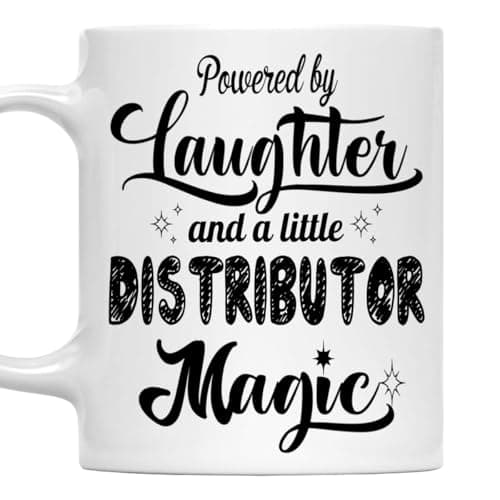 Distributor Mug - Powered by Laughter and a Little Distributor Magic - 11oz White Ceramic Coffee Cup - Funny Gift for Distributor, Office, Coworkers, Men, Women, Coffee Lover Cup, Birthday, Christmas