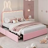 IDEALHOUSE Full Upholstered LED Bed Frame with Storage Drawer and Adjustable Headboard, Velvet Princess Platform Bed for Kids/Girls/Boys, Heavy Duty Metal Support, No Box Spring Needed, Pink