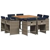 Kaorsrow 9-Piece Patio Dining Set, 8-Seat Grey Poly Rattan Outdoor Furniture Set with Cushions, Space-Saving Cubic Design for Garden Terrace and Backyard, Solid Acacia Wood Table