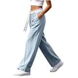 Women's Comfortable Baggy Pants Trendy Tie Front Elastic Waist Solid Trousers Stylish Vacation Pant with Pockets Blue