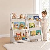 White Kids Bookshelf with Fabric Storage Pockets, Wooden Montessori Toddler Kkids Bookcase for Picture Toy Book Display Shelf Storage Organizer for Kids Room, Bedrooms, Kindergartens, Playroom