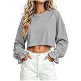 Womens Ruffle Sleeve Y2K Crop Sweatshirt Crew Neck Loose Drop Shoulder Pullover Trendy Street Outfits Fall Winter Gray