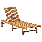 KMUNGDWG Solid Acacia Wood Patio Sun Lounger with Cushion, Adjustable Backrest and Footrest, Outdoor Sunbed with Pull-Out Table and 2 Wheels for Easy Mobility