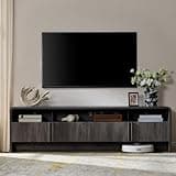 AMERLIFE Modern TV Stand for TVs up to 80", 70 inch Fluted TV Console with Storage Cabinets, Wood Entertainment Center Media Console for Living Room, Black