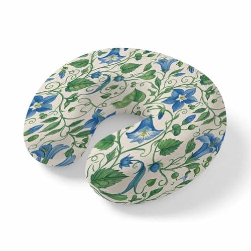 LXCPBNQT Neck Pillow Farm Morning Glory Ombre Blue Washable Memory Foam Pillow for Airplane Office Car Sleeping, Green Leaves on Retro Linen Travel Pillows U Shaped Stretch Neck Support Pillows