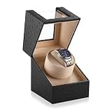 Efaithtek Automatic Single Watch Winder in Black Ostrich Pattern Leather with Japanese Quiet Motor,AC Adapter or Battery Powered