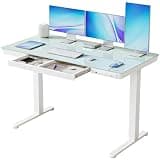 BANTI Electric Standing Desk with Drawers, 55 inch Whole-Piece Glass Desktop, Height Adjustable Stand up Sit Stand Home Office Ergonomic Workstation, White Tabletop