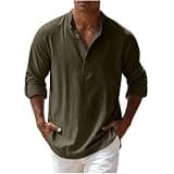Ctreela Mens Henley Shirts 3/4 Roll Sleeve T-Shirts Casual Mandarin Collar Shirts 70s Outfits Beach Hippie T Shirts Army Green