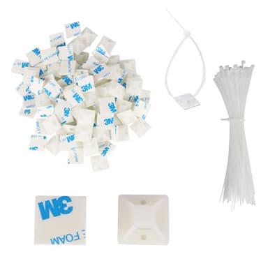 GIASYIEH 100-Pack Self-Adhesive Cable Zip Tie Mounts Kit with 6" White Zip Ties, 3/4" 3M Back-Glue Zip Tie Adhesive Mounts Cable Management Clips for Indoor/Outdoor Use