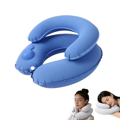 enorfume Double-Layer Inflatable Travel Neck Pillow, Portable Press-to-inflate Air Pillow for Headrest Sleep, Car, Office Use, Adjustable U-Shape Airplane Pillows for Flights (Blue)