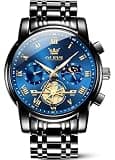 OLEVS Blue Mens Watches Black Stainless Steel Men's Wrist Watch Waterproof Stylish Moon Phase Analog Quartz Watches for Men Nice Luxury Fancy Diamond Large Dial Reloj para Hombre