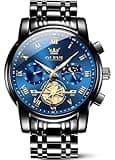 OLEVS Blue Mens Watches Black Stainless Steel Men's Wrist Watch Waterproof Stylish Moon Phase Analog Quartz Watches for Men Nice Luxury Fancy Diamond Large Dial Reloj para Hombre