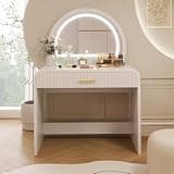 THINK 30 39" White Makeup Vanity Desk with Mirror and Light, Modern Vanity with Removable Touch Screen Lighted Mirror, Curved Dressing Table with 1 Large Drawer for Bedroom or Dressing Room