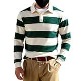 Striped Polo Shirts for Men Long Sleeve Collared Loose Fit Soft Pullover Top Trendy Vintage Street Fall Blouses Green