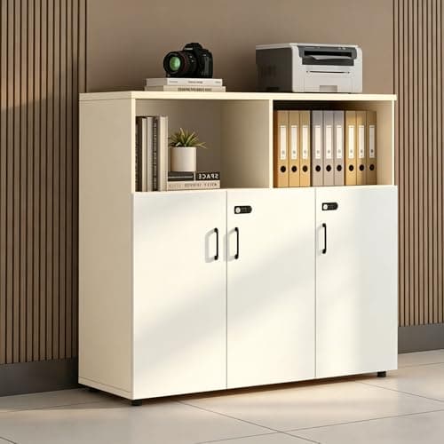 HSHBDDM File Cabinet with Password Lock, Wood Lateral Filing Cabinet for Letter/A4 Files, 3 Drawer with Door, Printer Stand with Open Shelves for Home Office