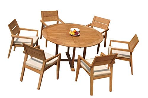 TeakStation 6 Seater Grade-A Teak Wood 7 Pc Dining Set: 60" Round Table and 6 Vellore Stacking Arm Chairs #31VL1207