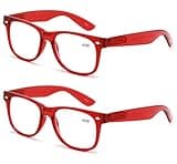 V.W.E. 2 Pairs Transparent Neon Color Deluxe Reading Glasses - Comfortable Stylish Simple Readers Magnification (Red, 1.75)