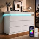 OneBlis 6 Drawer Dresser with LED Lights & Charging Station, Modern Floating White Dresser for Bedroom, Smart Storage Chest with 2 AC Outlets & USB Ports for Living Room, Closet, Entryway