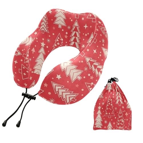 Emelivor Christmas Trees Snowflakes Red Pattern Travel Pillow Memory Foam Neck Pillow with Storage Bag Portable Neck Support Pillows for Airplane Sleeping Plane Car Office Home Travel Accessories