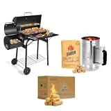 SUNLIFER Offset Smoker Bundle with Steel Charcoal Bucket & 200 Starters