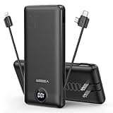 VEGER Portable Charger Power Bank with Built-in AC Plug and Cables, All in One 10000mAh Ultra Slim Travel Essentials, Fast Charging Battery Pack Compatible with iPhone, Samsung, Android, Black