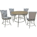Pemberly Row 5-Piece Patio Dining Set, Blue Beige Fabric with Beige Powder-Coated Frame, 42 Inch Round Two-Tone Table, Removable Machine-Washable Cushions, PE Wicker Back, Outdoor or Indoor Use