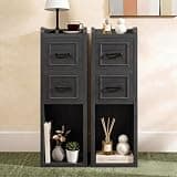 BERRY NEST Narrow Nightstand Set of 2, Modern Small Bedside Table with Drawers & Open Shelf, Modern End Table for Bedroom Small Spaces, Apartments, Renters, Black