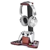 LIVSMON Headset Stand with Gaming Controller Holder, Walnut Wood Headphone Stand with Storage Base,Gaming Equipment Accessories for Desk, Boyfriends, Brothers, Xbox, PS4, PS5, PC