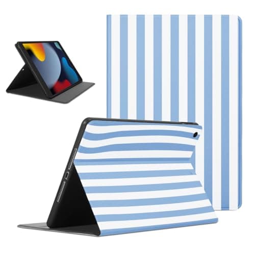 Mrtponk Blue and White Striped Tablet Case for iPad 9th/8th/7th Gen 2021/2020/2019 10.2", Aesthetic Vertical Stripes Classic Geometric Line Cover Soft TPU Protective PU Leather Cases for Girl Women