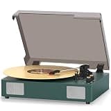 MANGOSTAN Green Vinyl Record Player with Bluetooth, 3-Speed Belt-Drive Turntable for 7/10/12" Records, Built-in Stereo Speakers, RCA/AUX/Headphone Output, Auto Stop, Portable Vintage LP Player