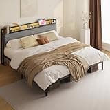 LIKIMIO California King Bed Frame with Storage Headboard & LED Lights, Metal Platform Bed with Charging Station, Noise Free, No Box Spring Needed, Under Bed Storage, Charcoal Gray