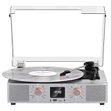 VinylsLink Vinyl Record Player with Speakers, Bluetooth Turntable, 3-Speed LP Player with Auto Stop, USB/TF Playback and Recording, FM Radio, LED Display, RCA Out, AUX in, Headphone Jack, Silver