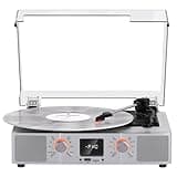 VinylsLink Vinyl Record Player with Speakers, Bluetooth Turntable, 3-Speed LP Player with Auto Stop, USB/TF Playback and Recording, FM Radio, LED Display, RCA Out, AUX in, Headphone Jack, Silver