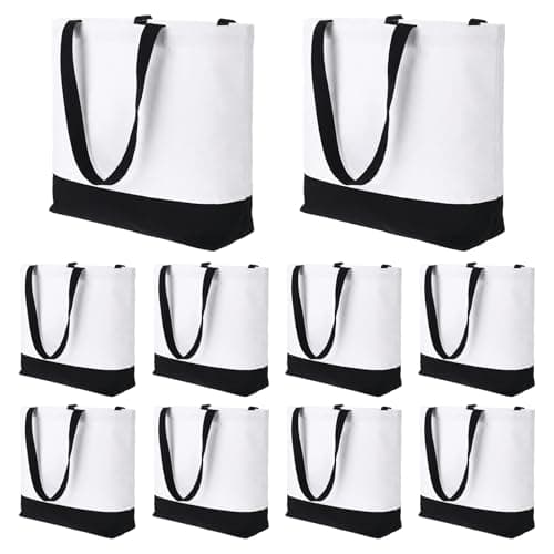 Sploziia 10 Pcs Sublimation Canvas Tote Bags Bulk 18.5 x 15 x 4 Inch White Reusable Polyester Grocery Bag with Handles for Beach Shopping Travel, Blank Totes for Personalized DIY Crafting Painting