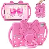 SAMONPOW for iPad Air 11 Inch Case M4/M3/M2 (2026/2025/2024) iPad Air 5th/4th Generation Case (2022/2020) 10.9 Inch Kids Case with Rotating Stand Handle Cute Bow Heart Silicone Cover for Girls Teen