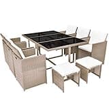 KGHFDVB 11 Piece Beige Poly Rattan Patio Dining Set with Cushions, 1 Table, 6 Chairs, 4 Stools, and 16 Cushions