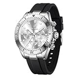 OLEVS Mens Watches Chronograph Silver Dial Quartz Wrist Watch for Men Waterproof Calendar Luminous Black Silicone Rubber Strap Casual Fashion Masculine Dress Watch Gift for Man