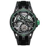 OBLVLO Luxury Men's Automatic Watch, Full Black PVD, Big Green Machinery Skeleton Dial, 50m Waterproof Military Watches