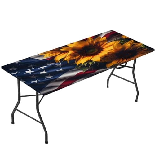 Obtravar Sunflower 4th of July 8 Ft Fitted Rectangle Tablecloth Waterproof 32 x 96 Inch Elastic Fitted Table Cover Washable Polyester Table Cloths for Outdoor, Picnic