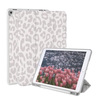 Jngnpn Case for iPad 9th/ 8th/ 7th Generation Case 10.2 Inch (2021/2020/2019 Release), Slim Lightweight Soft Trifold Back Cover with Pencil Holder & Auto Sleep/Wake Cover,Beige Leopard