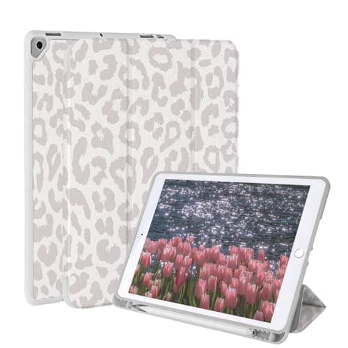 Jngnpn Case for iPad 9th/ 8th/ 7th Generation Case 10.2 Inch (2021/2020/2019 Release), Slim Lightweight Soft Trifold Back Cover with Pencil Holder & Auto Sleep/Wake Cover,Beige Leopard