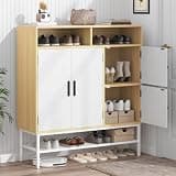 Garvee Shoe Cabinet, White & Natural Wood, 43.31 Inch, 4 Doors