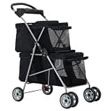 Double Dog Cart with Cup Holder,Foldable Travel Cage for Small and Medium-Sized Dogs and Cats,Suitable for 2 Puppies or Two Kittens(Black)