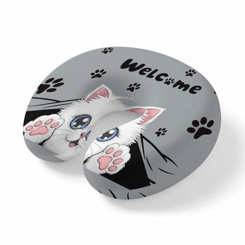 ZFUNCING Travel Pillows U-Shaped Neck Pillow Welcome Words Claws on Black Ergonomic Memory Foam Pillow Head Cushion,Cute Kitty Cat Soft Portable Neck Pillows for Office Airplane Car Train