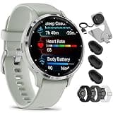 Garmin Venu 3S Health Fitness GPS Smartwatch Steel Bezel with Sage Gray Case 41mm 010-02785-01 Bundle with Nylon Elastic Bands 18mm 3 Pack, Charging Dock and Silicone Dust Cover 3 Pack